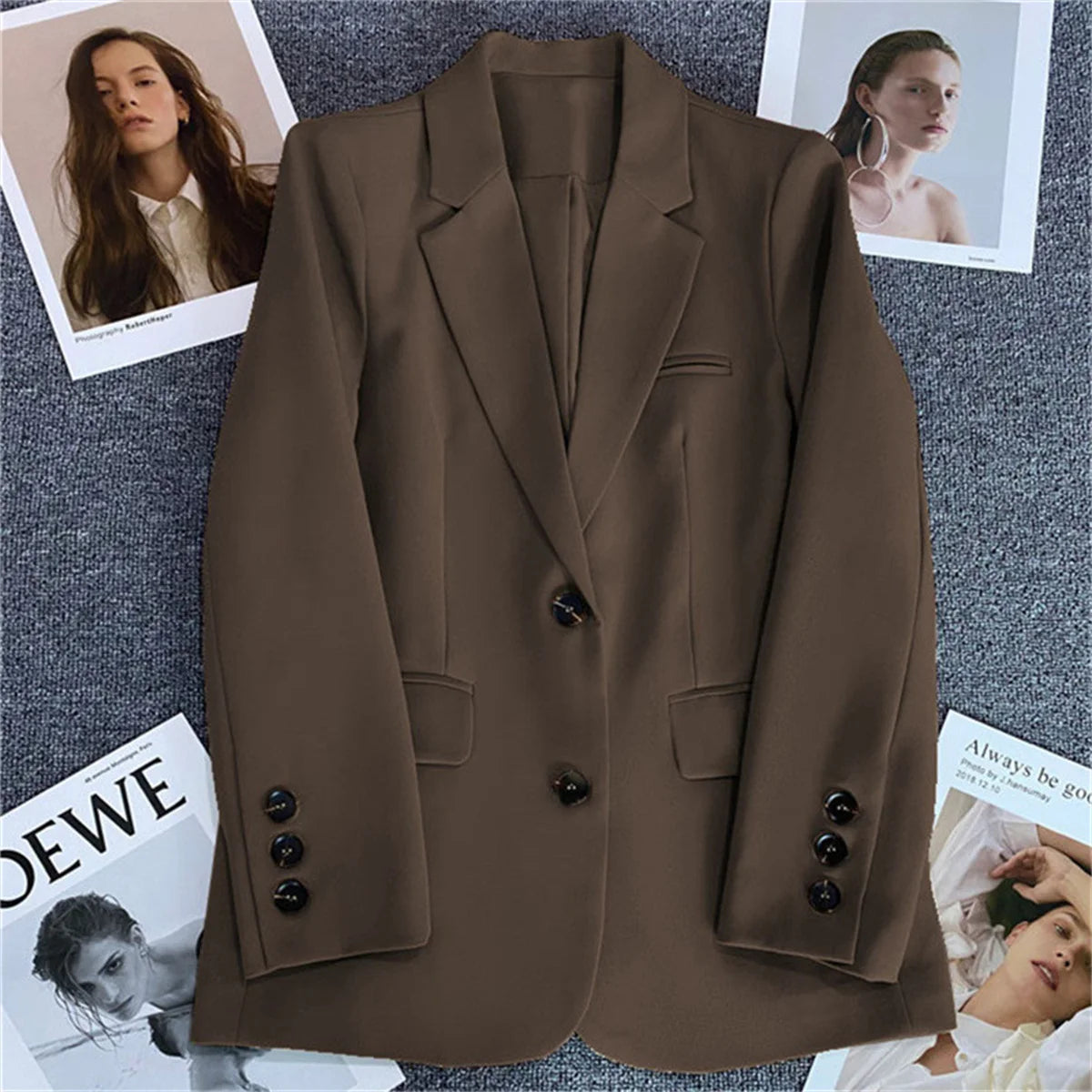 Women Jacket Small Suit Top Brown Suit Coat Loose Straight Temperament Slim Blazer for Women Chic