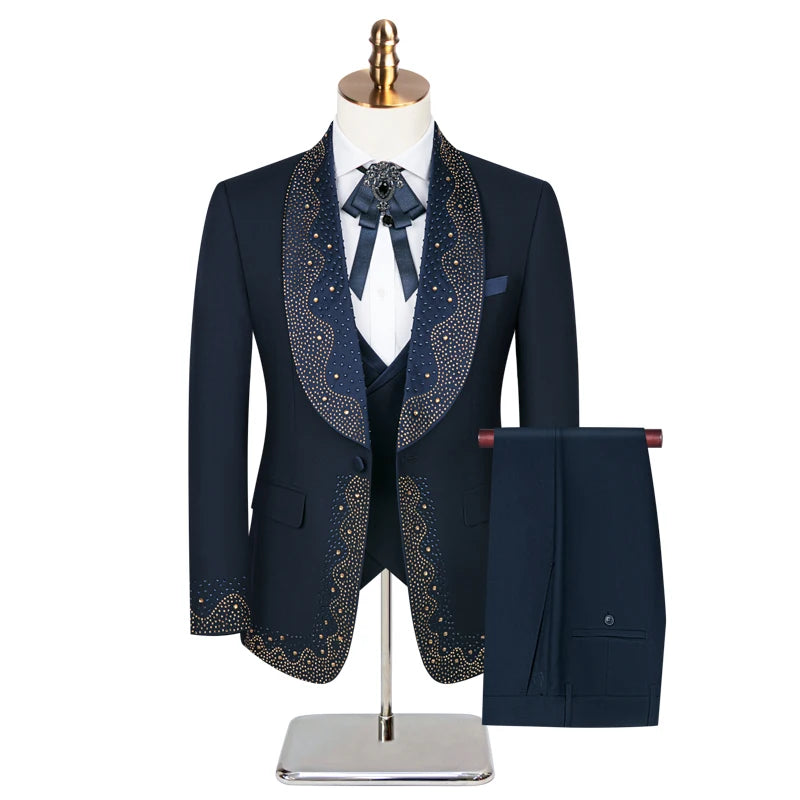 High-grade Light Luxury Men's Suits Set 3 Pieces, Wedding Host Banquet Performance Party Blazer with Pants Vest