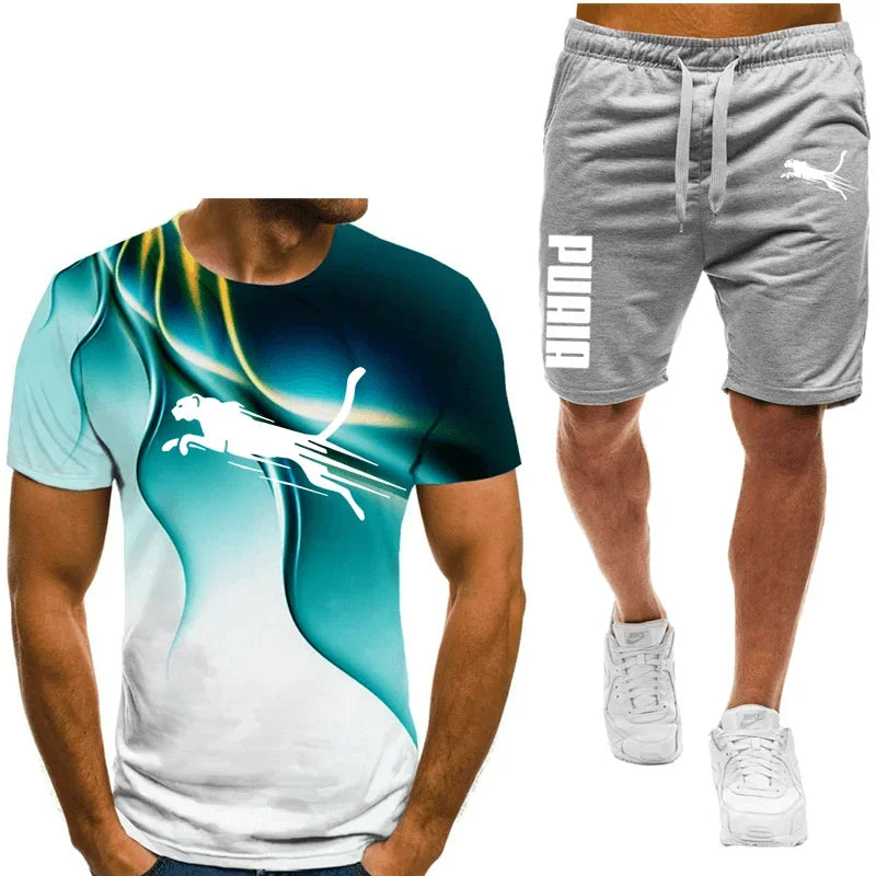 Two piece animal pattern printed men's suit summer casual daily men's short sleeved T-shirt outdoor street men's sports shorts