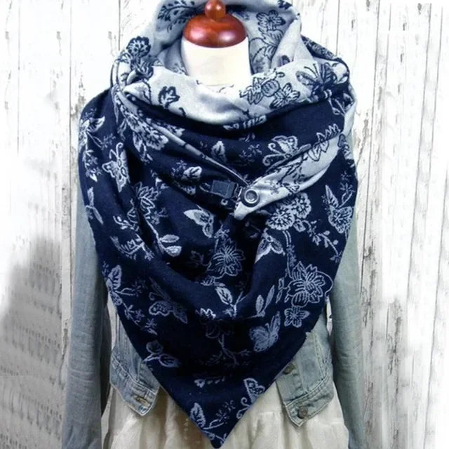 Winter Women's Floral Print Thick Warm Scarf – Windproof Double-Layer Buttoned Wrap
