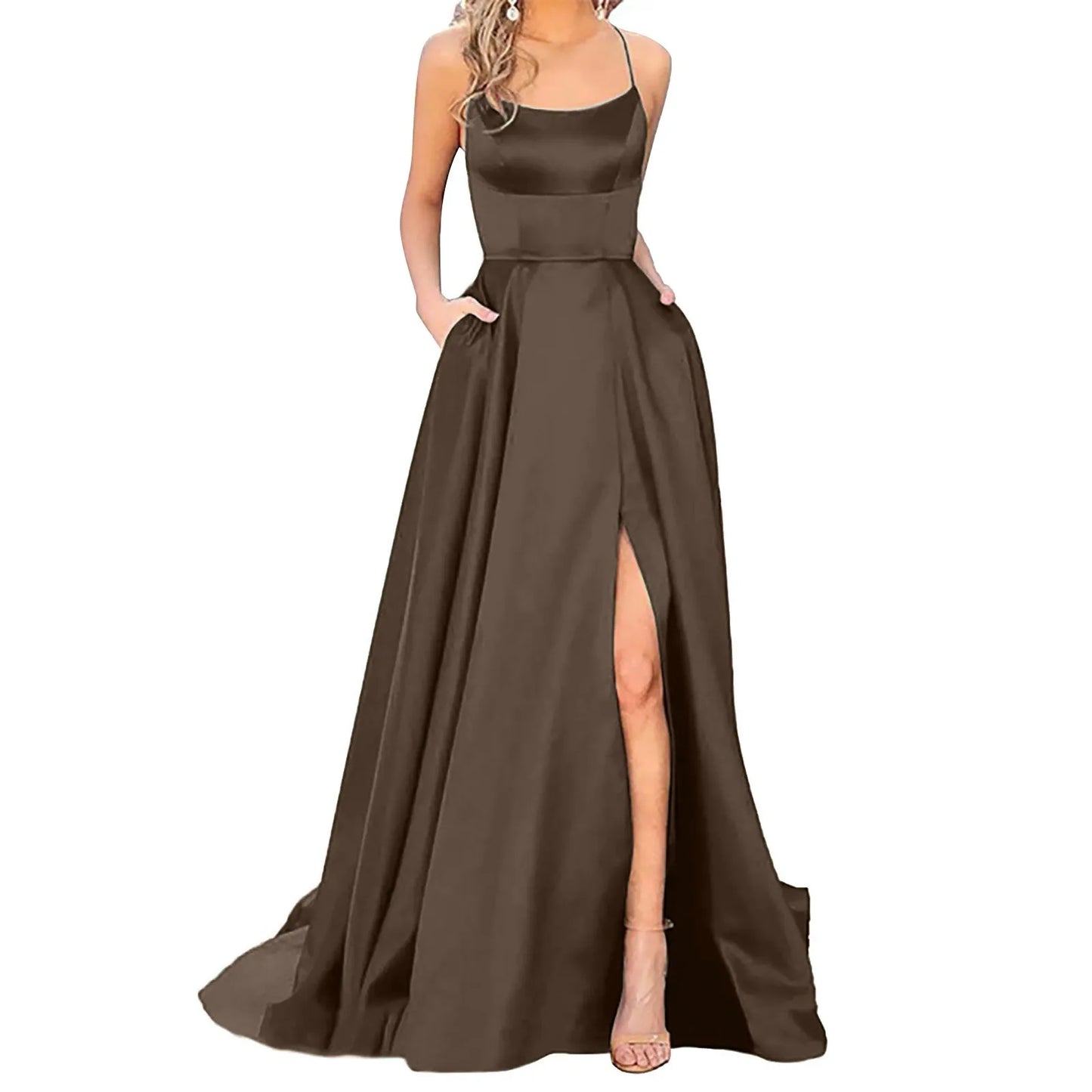 Women's  Satin Halter Backless Prom Dress Elegant High Slits Spaghetti Strap Evening Dress