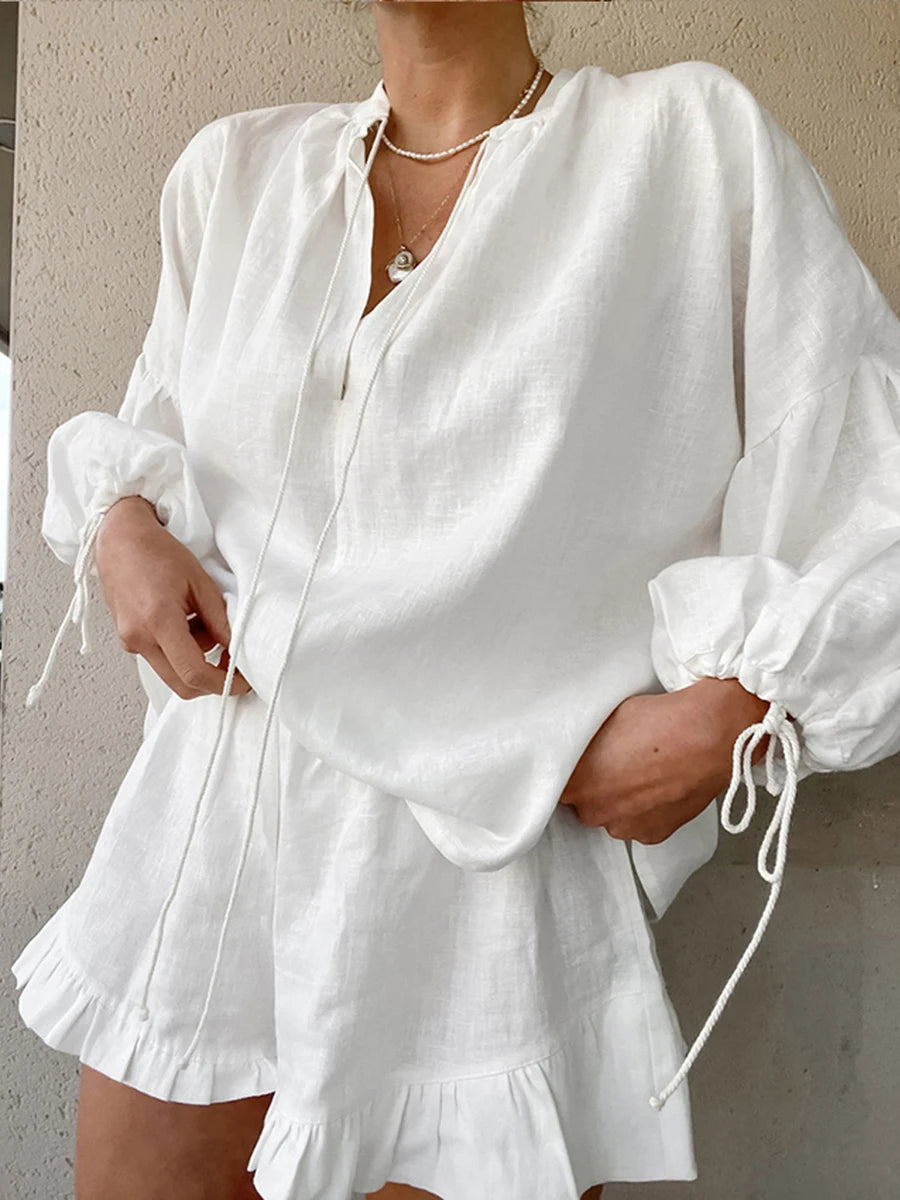 Casual Women s Summer Outfit Stylish Long Sleeve V-Neck Top with Tie-Up Detail and Elastic Waist Shorts Set for a Chic Look