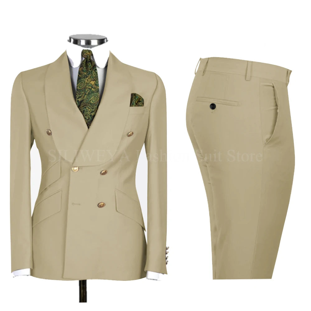 Gold Men Business Casual Men's Suits Jacket Pants Set Male Blazer Coat Pants 2PCS Slim Fit Suits