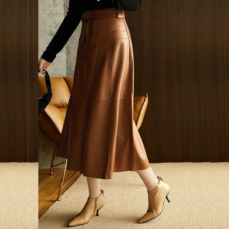 Vintage Brown High Waist A-Line  Leather Skirt with Belts