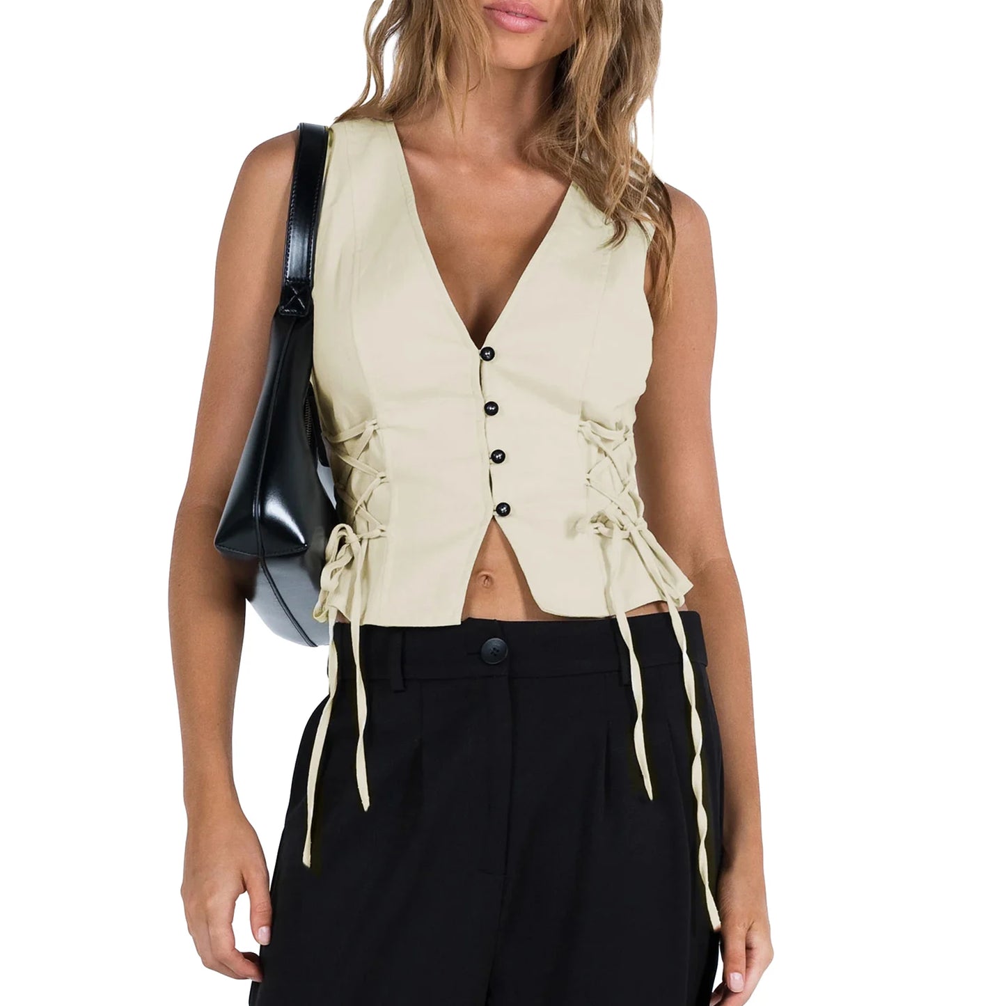 Women Summer Tank Tops Solid Color Front Button Vest Side Cross Tie-Up Waistcoat Streetwear