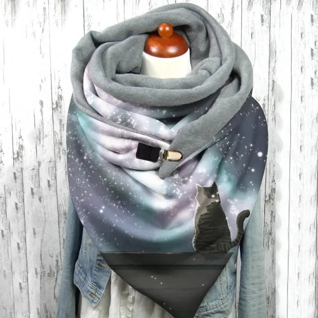 Winter Women's Floral Print Thick Warm Scarf – Windproof Double-Layer Buttoned Wrap