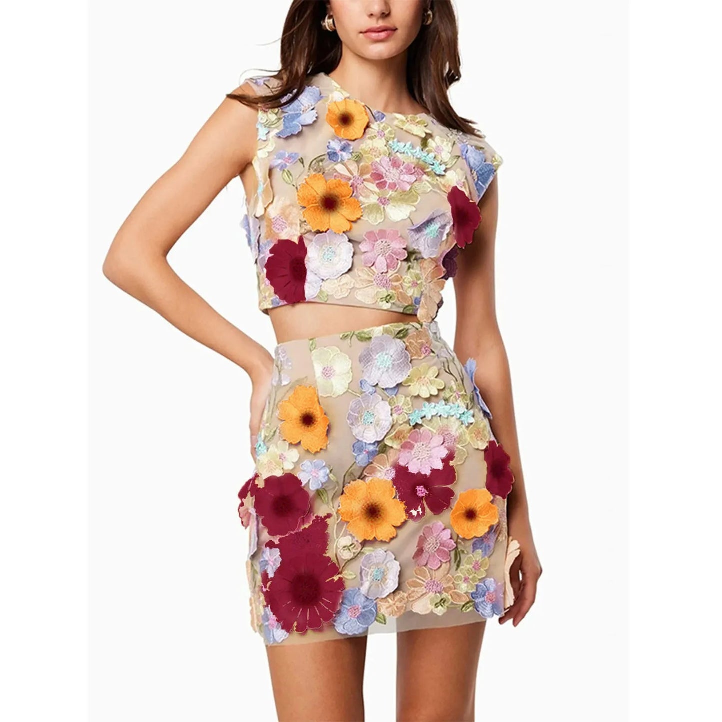 Oscar De La Renta Women Dress Vintage Backless Sexy Elegant Party Dress Mini Chiffon Floral Embroidery Mesh Lace Cocktail Dress