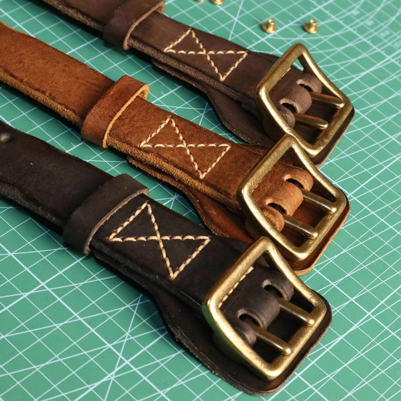 Original Handmade Double-needle Buckle Belt Washed  Genuine Leather