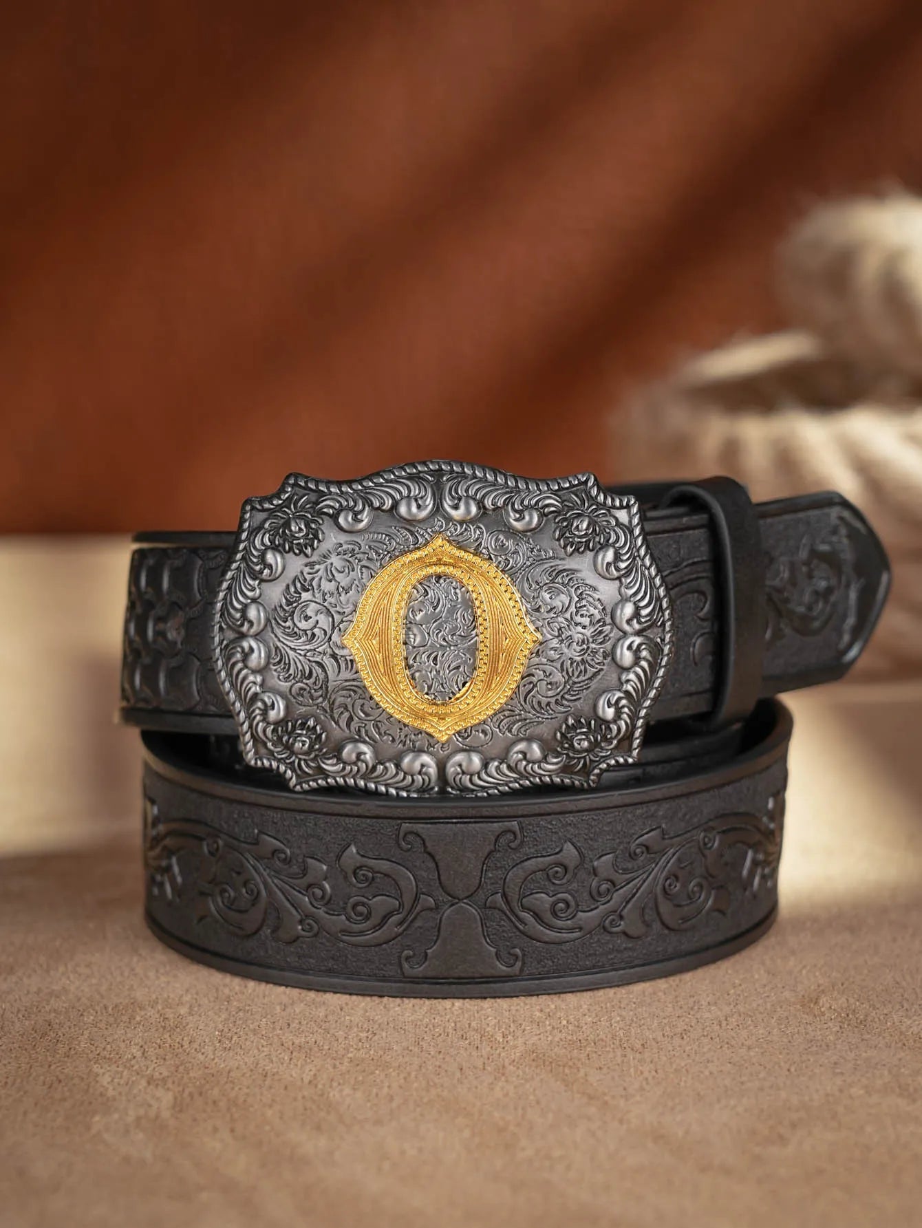 Western Cowboy PU Leather Belt  Waist Strap Bull Decoration Floral Engraved for Jeans