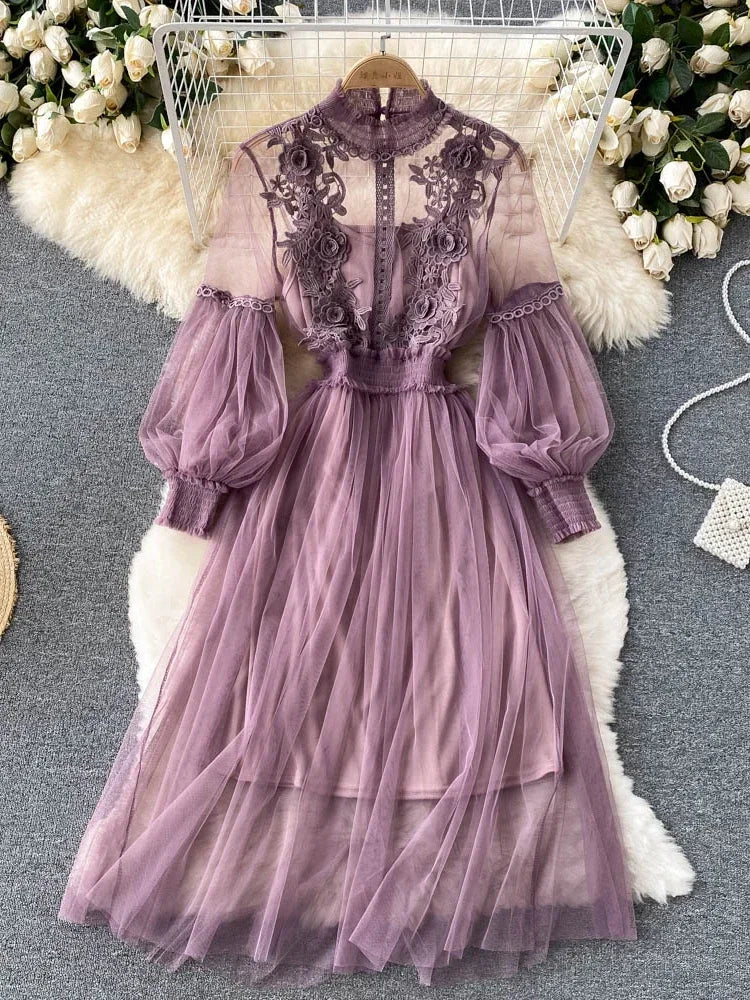 Ladies Dress Three-dimensional Flower Hook Mesh Stand Collar Lantern Sleeve High Waist Female Dresses