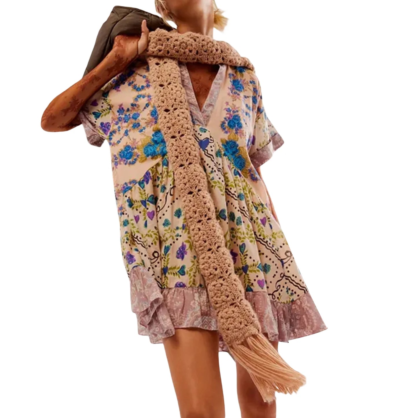 Women s Sleeveless Dress with Ruffle Hem in Tropical Print Summer Boho Beach Dress with Pockets