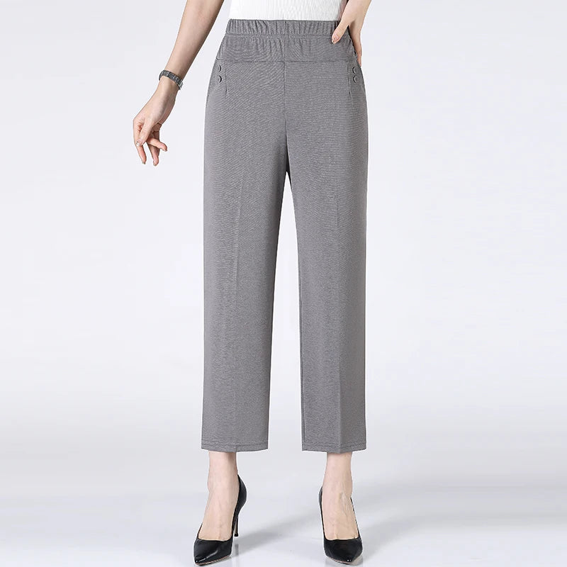 Summer Thin Breathable Elastic Pants 8XL Women's Solid Color High Waisted Loose Casual Pants Elastic straight leg