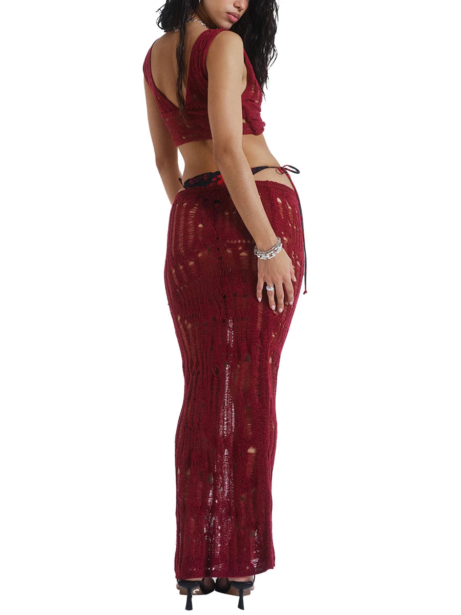 Women Summer Outfits Solid Color Sheer Bandage Knit Tank Tops and Elastic Low Waist Long Skirt Set