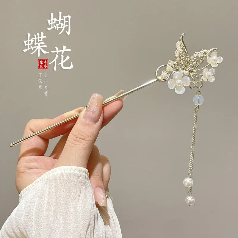 Classic Hair Stick Peach-blossom Hair Chopsticks Gold Plated Prong Updo Chignon Hairpin For Women Chinese Style