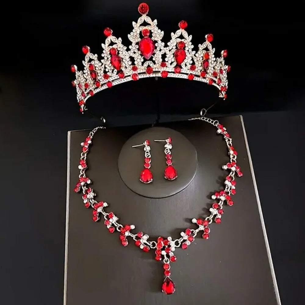 3pcs/set Crystal Bridal Tiara And Crown Earrings Necklace Jewelry Set