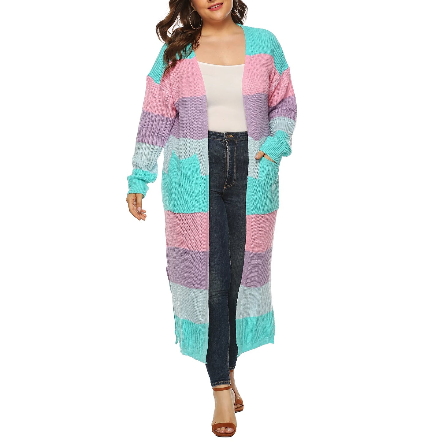 Women s Open Front Long Cardigan Sweater with Pockets Long Sleeve Contrast Color