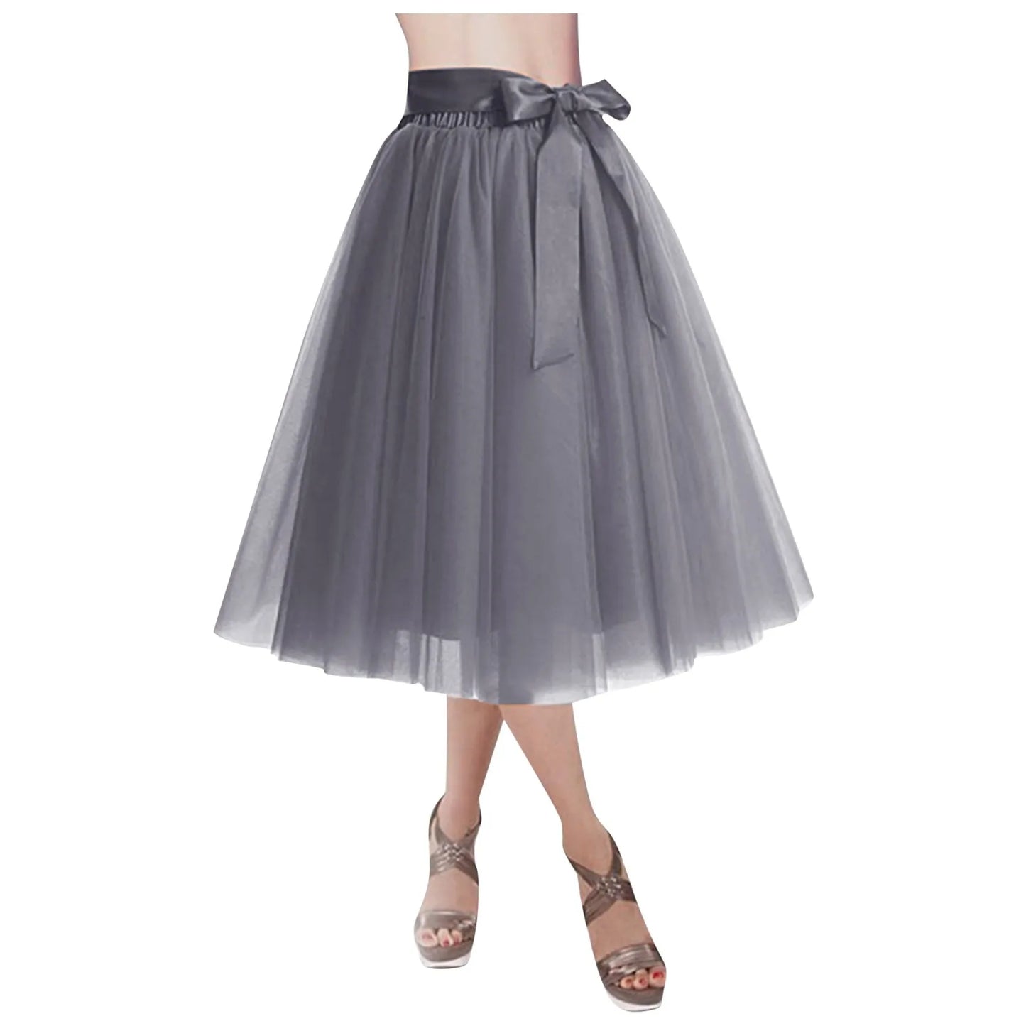 Women's Knee Length Mesh  Skirt Solid Color Elegant Elastic High Waist A-Line Petticoat