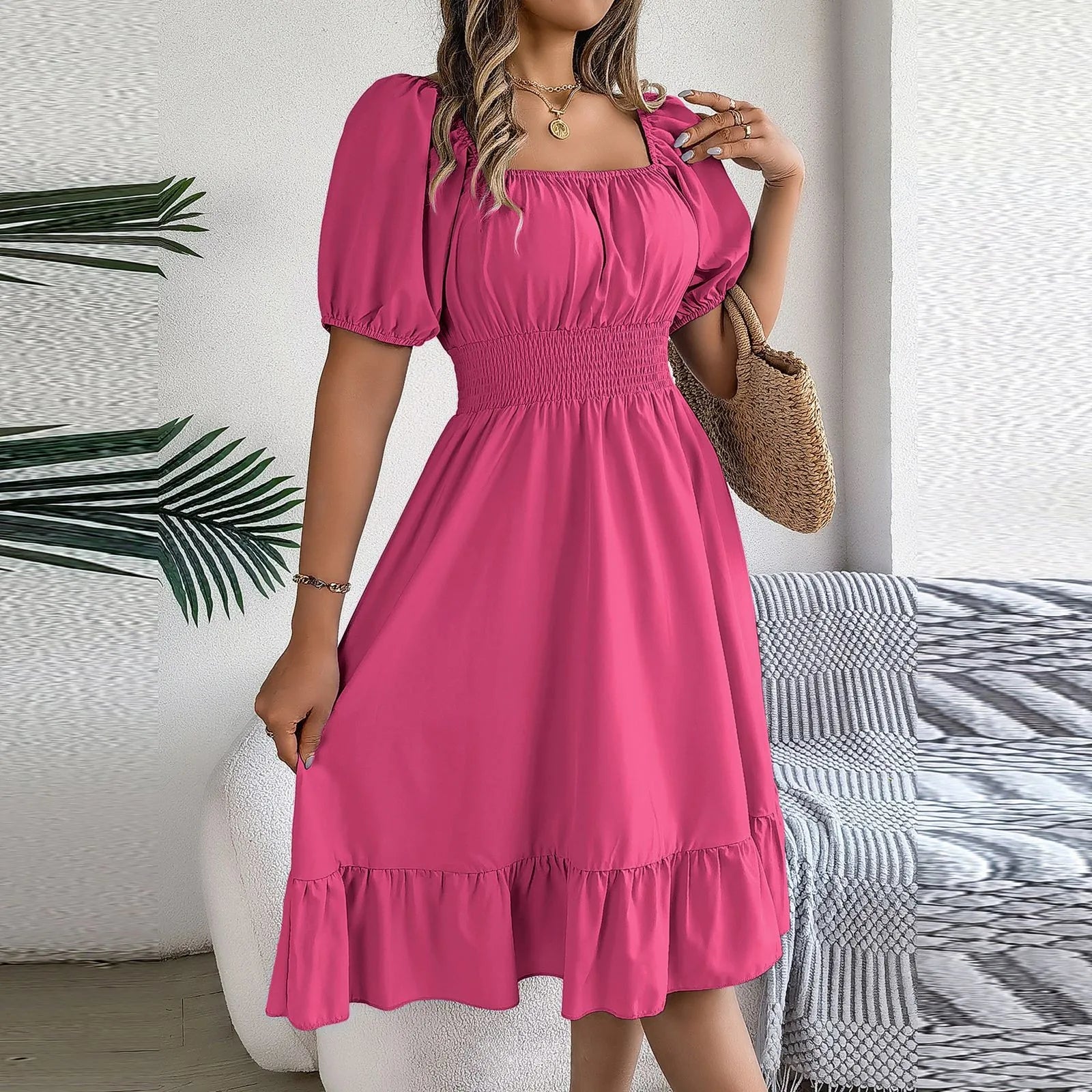 Elegant Women Spring Summer Dress Square Neck Puff Sleeve A Line  Square Neck Tie Waist Ruched Casual Solid Midi Dress