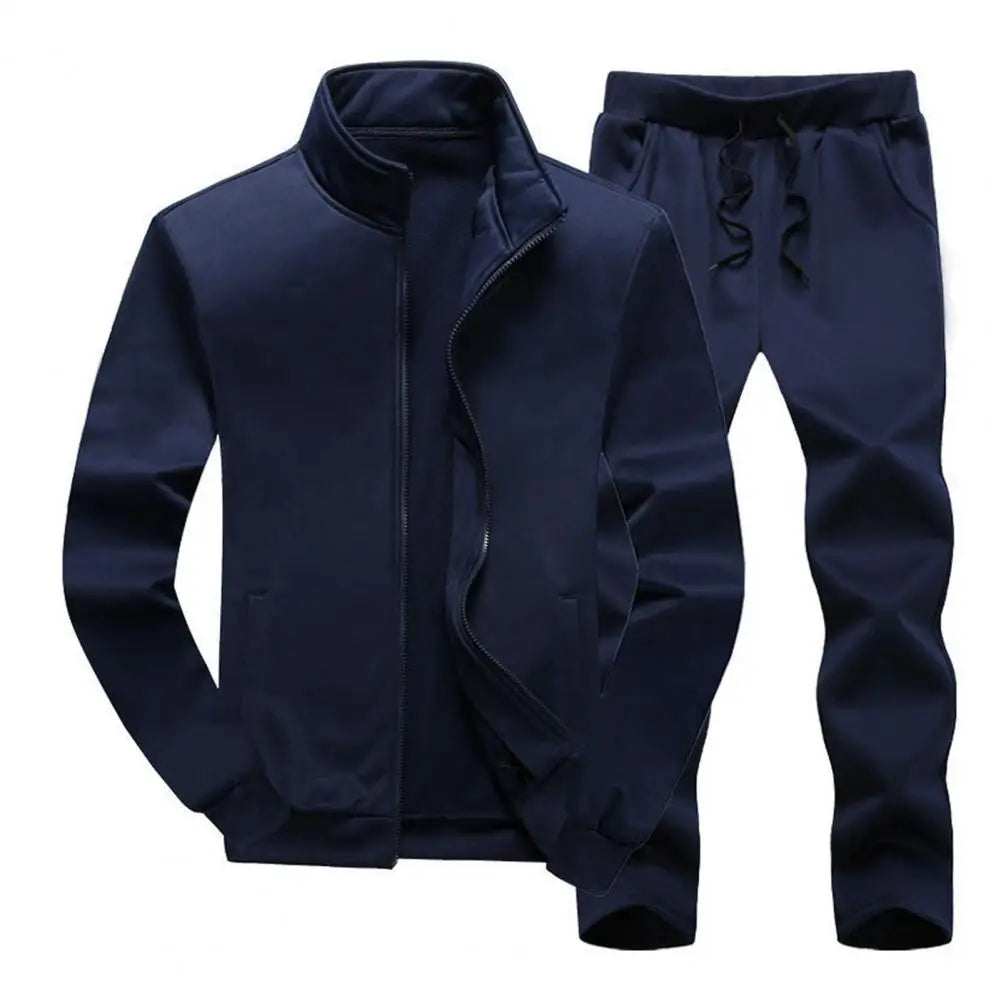 1 Set Men Sweatshirt Sweatpants Solid Color Stand Collar Tracksuit Sportswear Autumn Winter Zipper Jacket Pants Streetwear