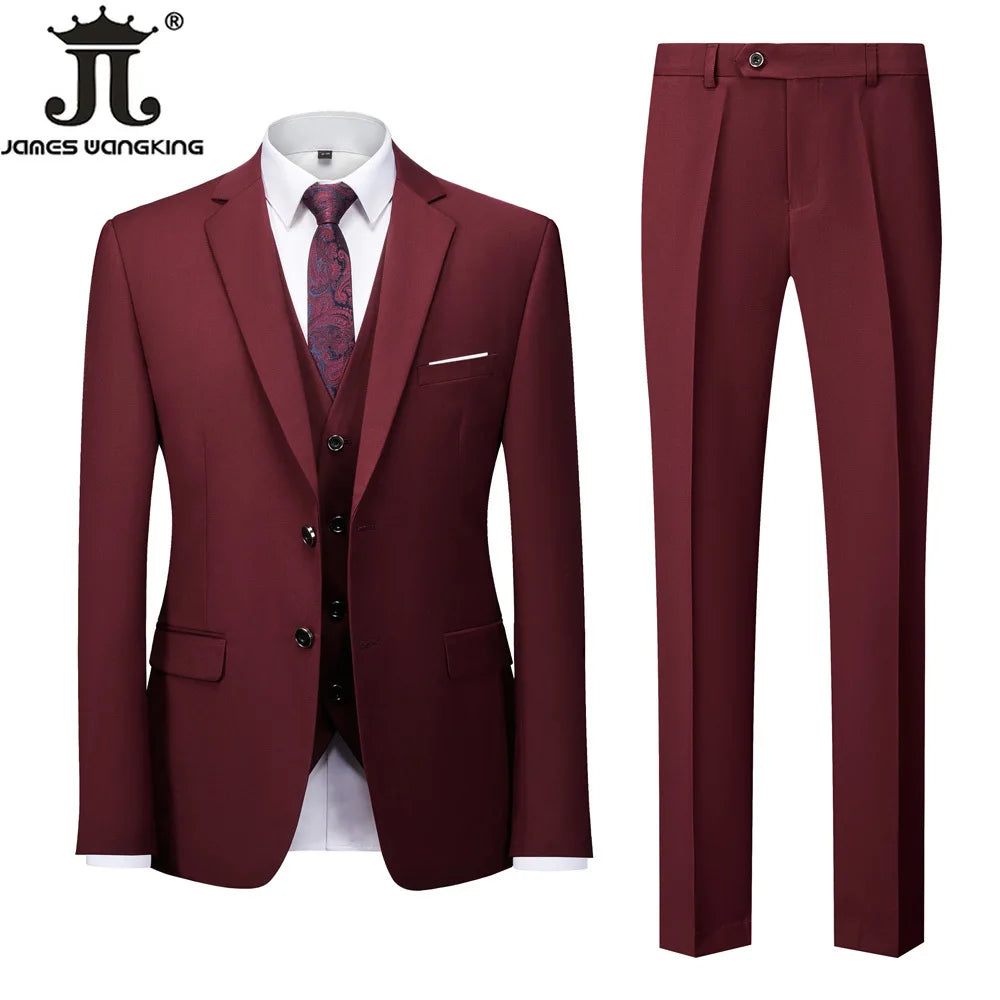 Jacket + Vest + Pants  Boutique Solid Color Men's Official Business Suit Bride's Wedding Dress Party Male Suit