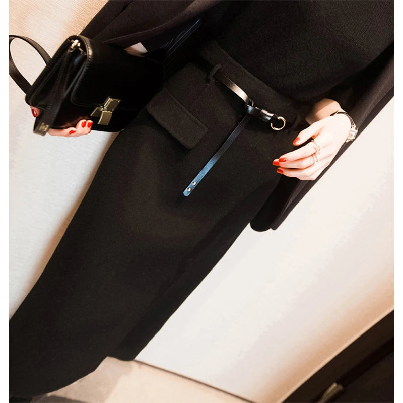Belt Woolen  Slit Hip Wrap High Waist Slim A Line Skirt