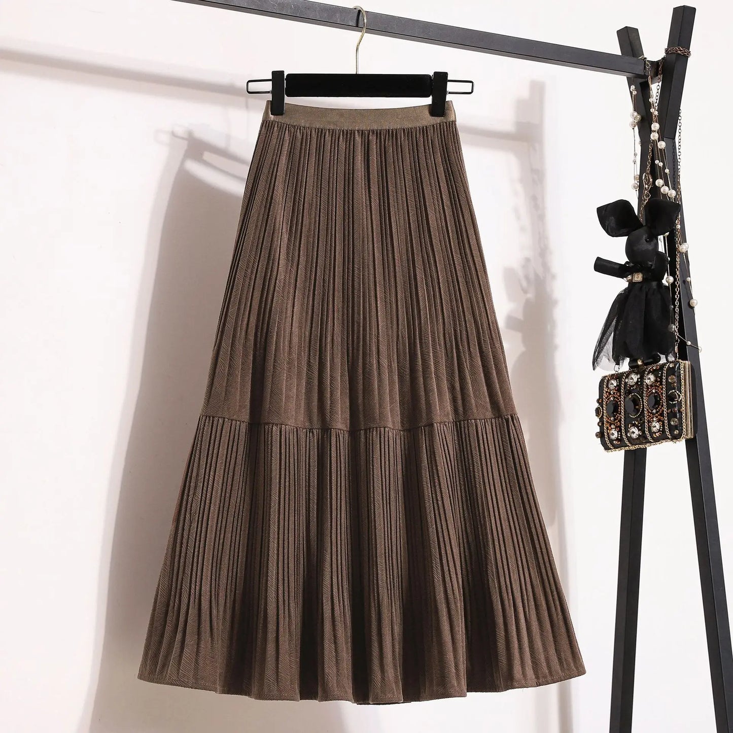 Velvet  Umbrella Skirt Folded High Waist  Medium Long  A-line