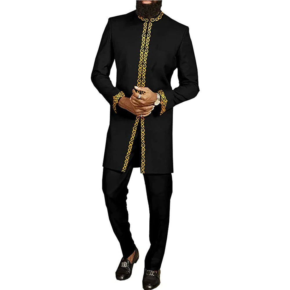 Men's  Wedding 2-Piece Suit Waist Pants Shirt Solid Color Panel Long Sleeve Party African Ethnic Style Clothing