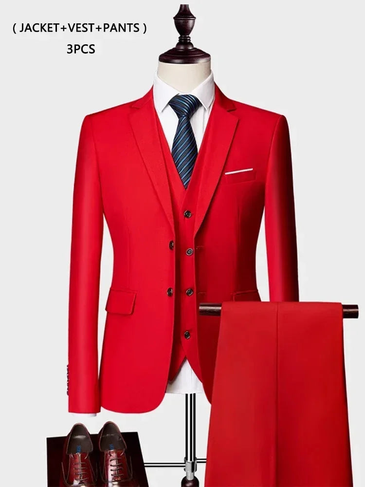 ( Jacket +Vest+ Pants ) Luxury Men's High-end Brand Solid Color Business Office Suit 3Pcs & 2Pcs Groom Wedding Party Suit Tuxedo