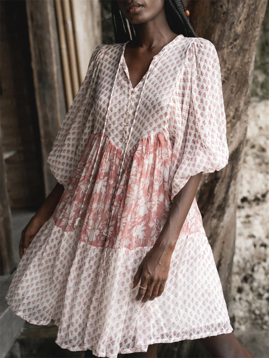 Women s Boho Style V-Neck  Floral Print Maxi Dress with Ruffle Hem and Tie Waist Belt for Summer Beach Party Casual