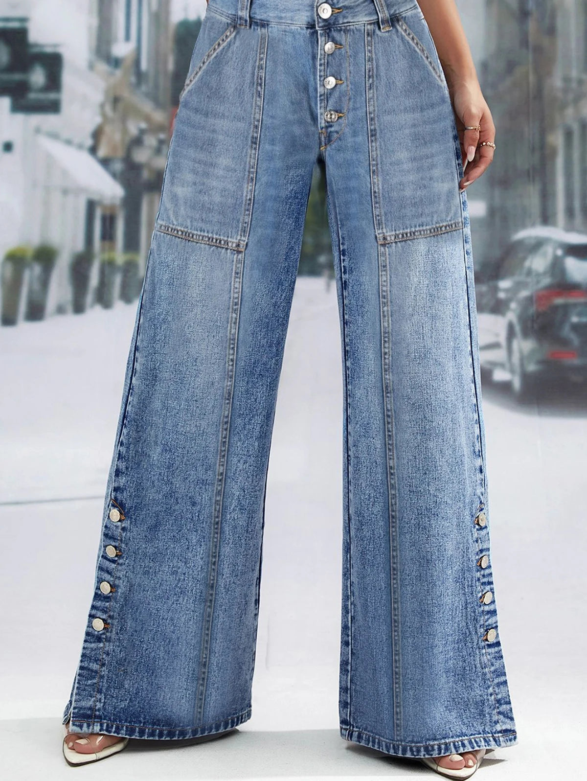 Women's Plus Size Jeans Pockets Denim Wide Leg Pants Button Vintage Streetwear Solid Casual Minimalist Jeans Trousers