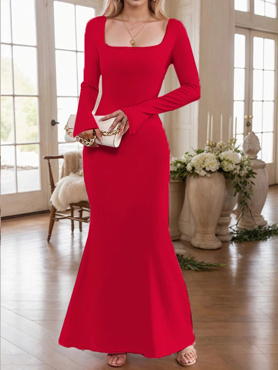Maxi Dress with Ruffle Detail and Long Sleeves