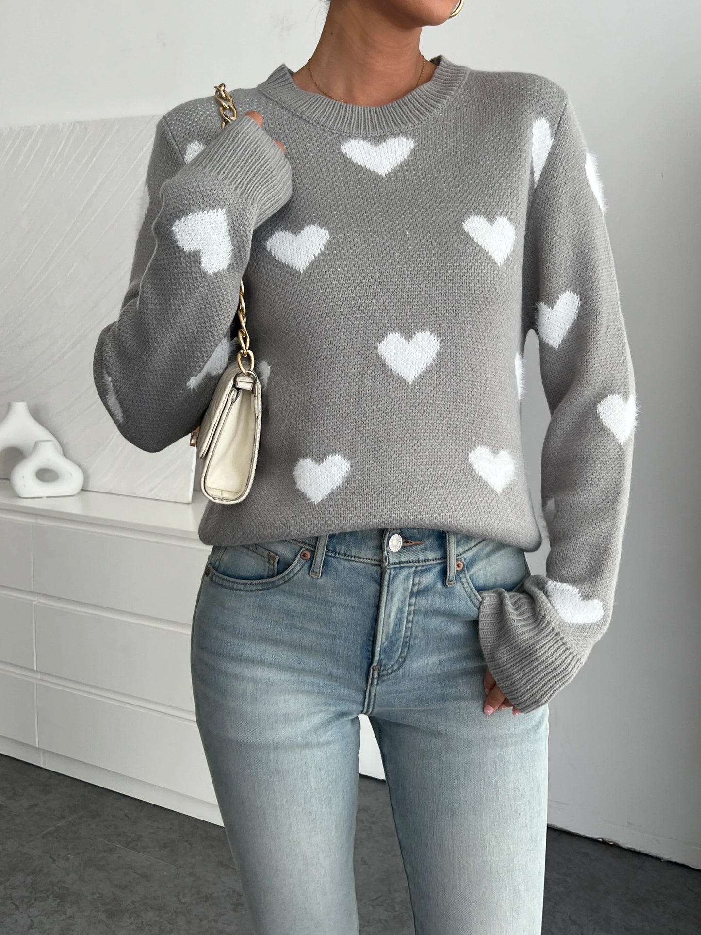 Women's Chic Blue Heart Pattern Crew Neck Sweater - Cozy Long Sleeve Knit Pullover, Soft Acrylic/Nylon Blend