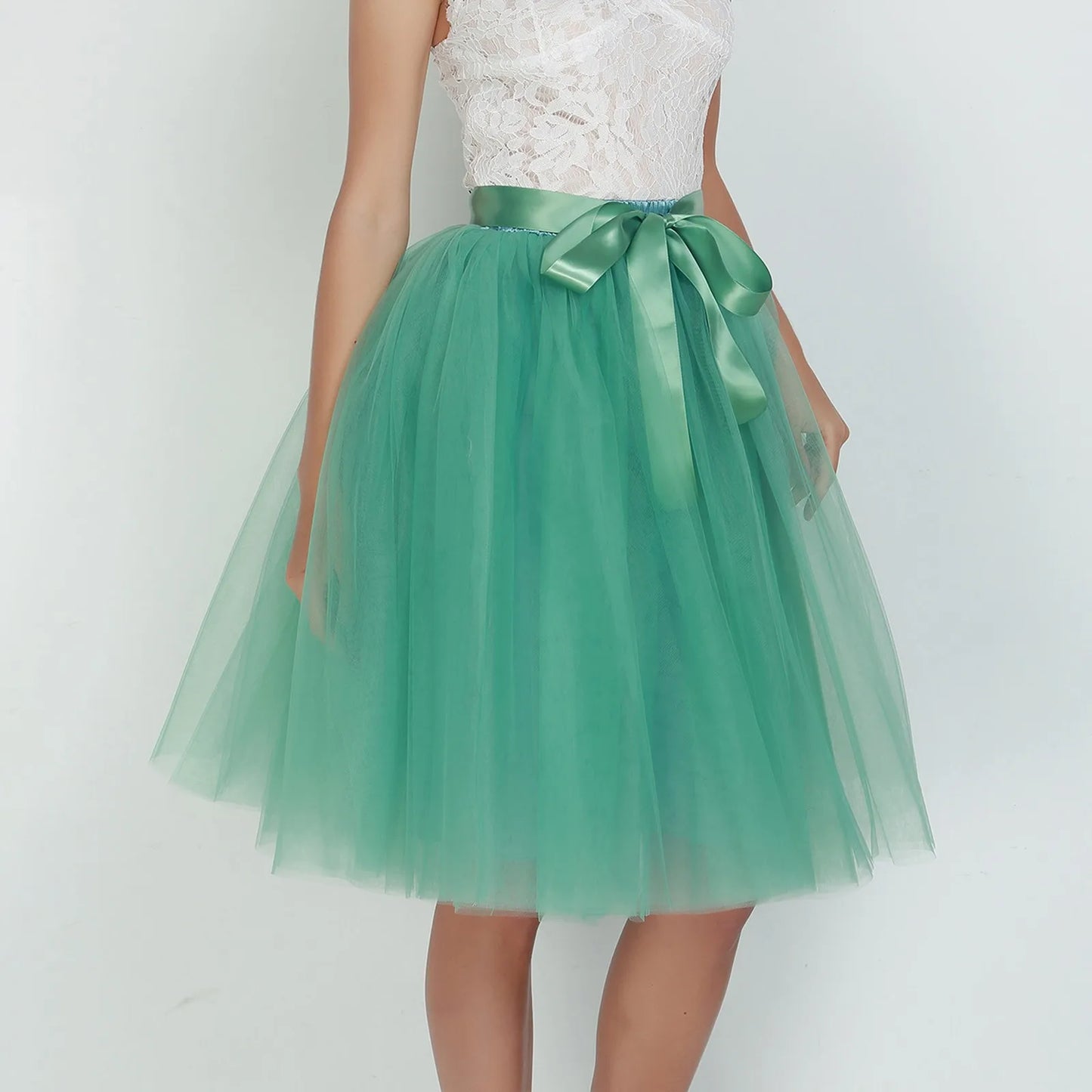Knee Length Women A-Line Tulle Skirts Lace Up Multi Layered Tulle Petticoat Midi Skirt