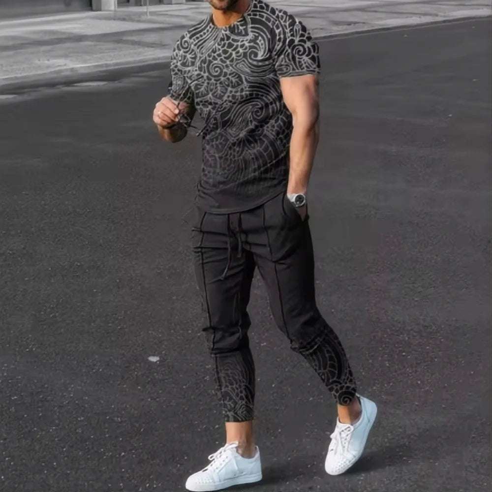 Summer men's T-shirt and pants sports suit abstract gradient 3D printed T-shirt and pants set 2-piece street wear oversized suit