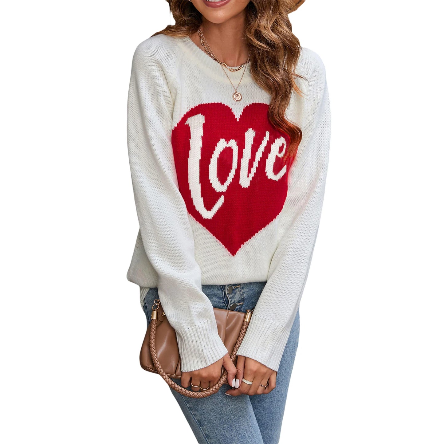 Women s Valentine s Day Heart Patterned Knit Pullover Sweater with Round Neck and Long Sleeves Cozy Loose Fit Casual