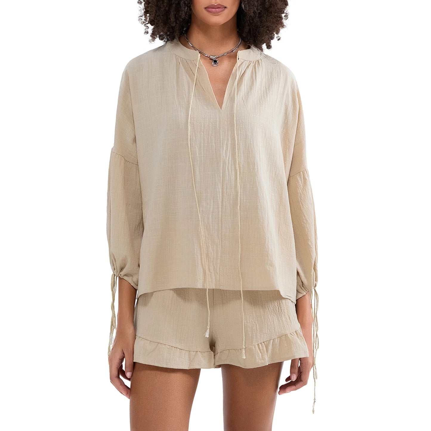 Casual Women s Summer Outfit Stylish Long Sleeve V-Neck Top with Tie-Up Detail and Elastic Waist Shorts Set for a Chic Look