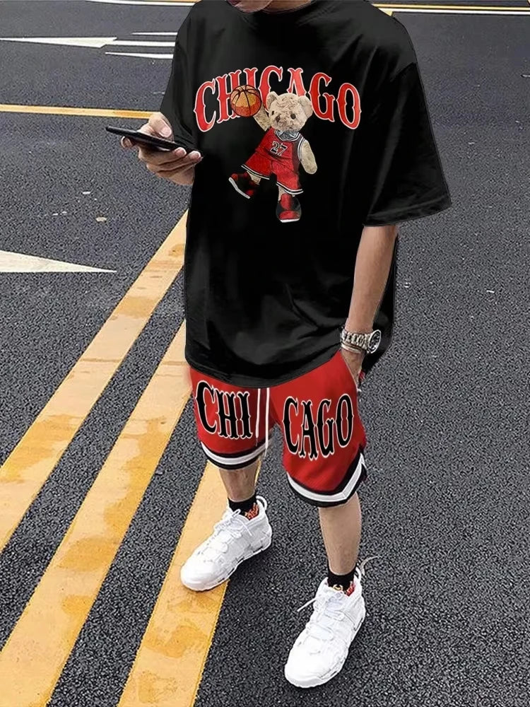 Cartoon Bear 3D Printed Men's Round Neck Short Sleeve 2-piece Set Urban Street Trendy Men's Top Outdoor Men's Drawstring Shorts