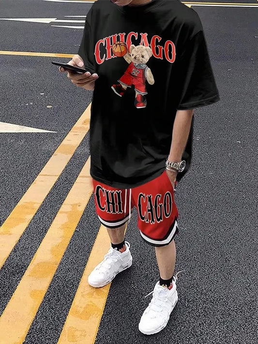 Cartoon Bear 3D Printed Men's Round Neck Short Sleeve 2-piece Set Urban Street Trendy Men's Top Outdoor Men's Drawstring Shorts