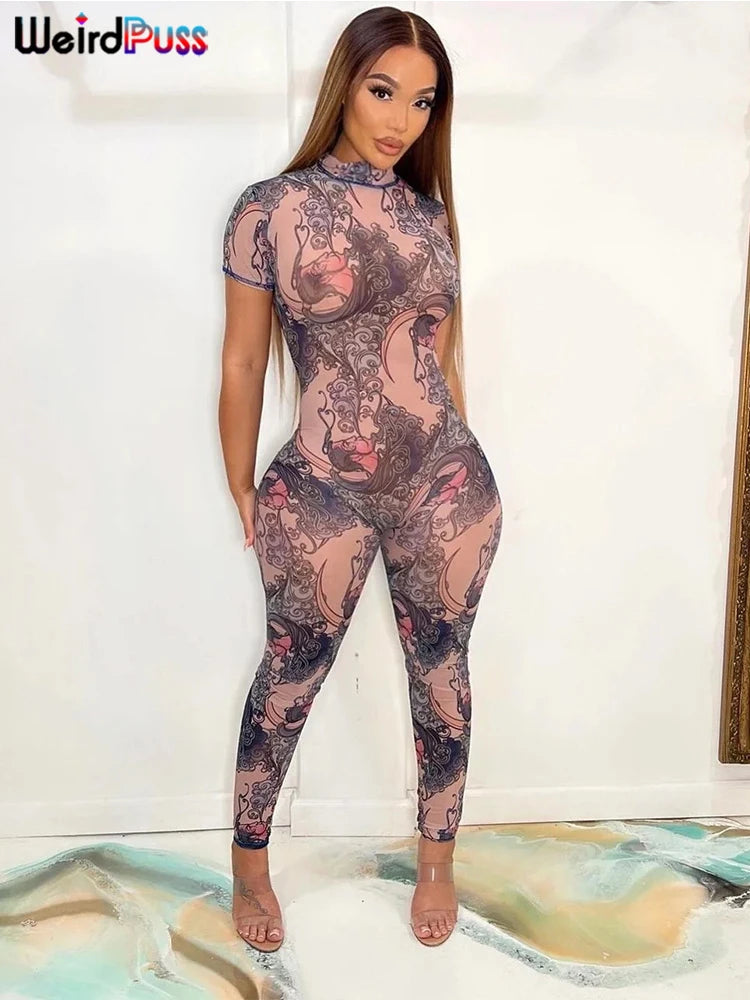 Jumpsuit  Short Sleeve Backless Thin Mesh  Stretch Activity