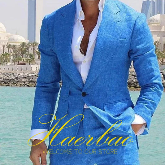 Summer Men's Linen Suit Set of 2 Wedding Groom Tuxedo Formal Lapel Jacket Pants Fashion Tailored Blazer for Men