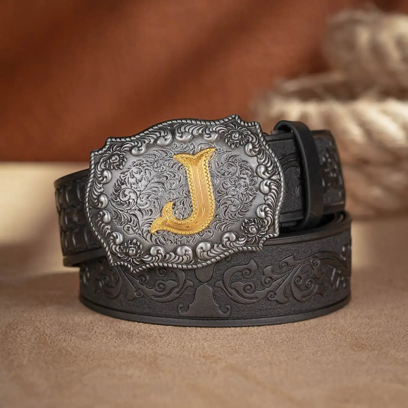 Western Cowboy PU Leather Belt  Waist Strap Bull Decoration Floral Engraved for Jeans