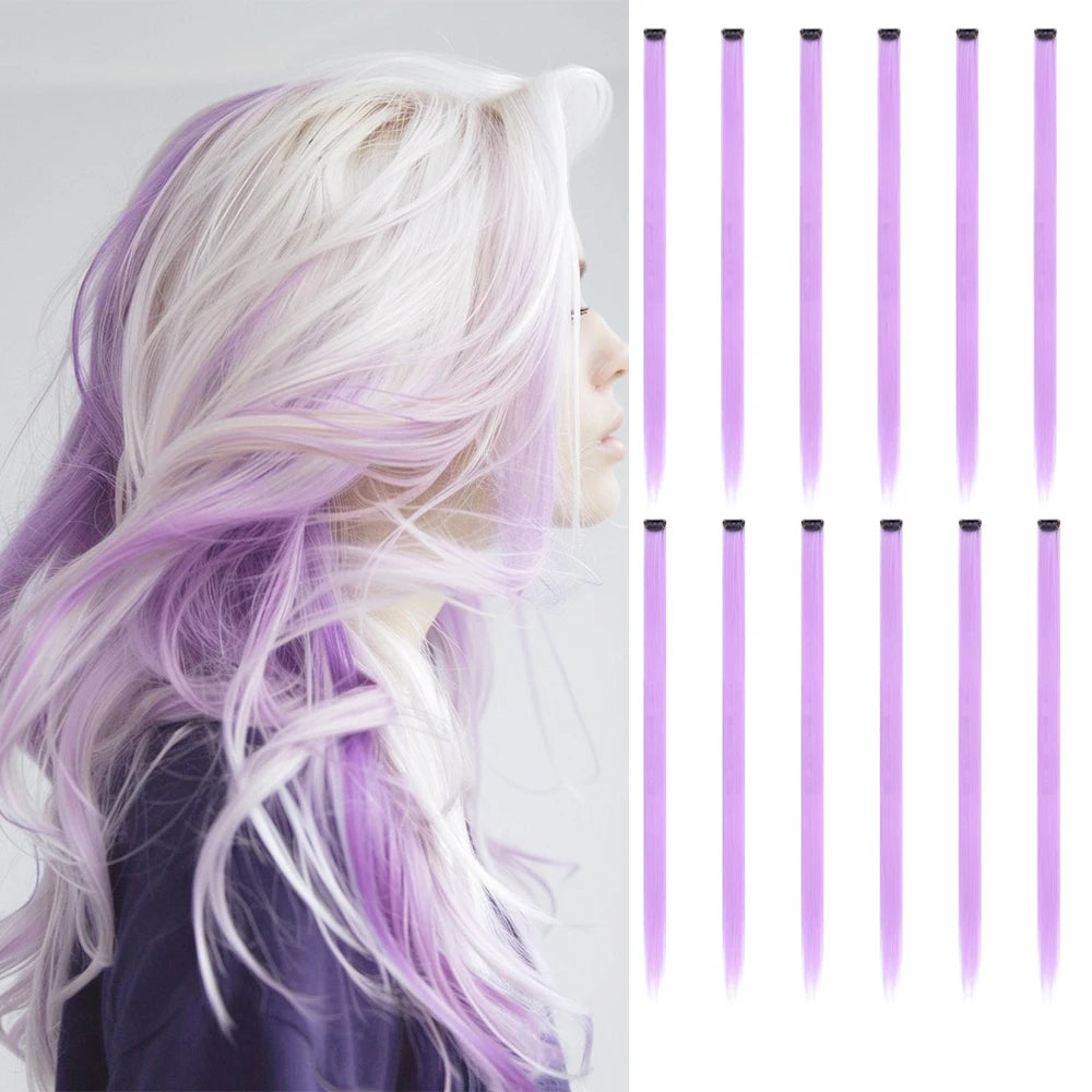 22 inches12pcs/pack Colored Party Synthetic Clip in Hair Extensions  Multi-colors Straight Hair Synthetic Hairpieces