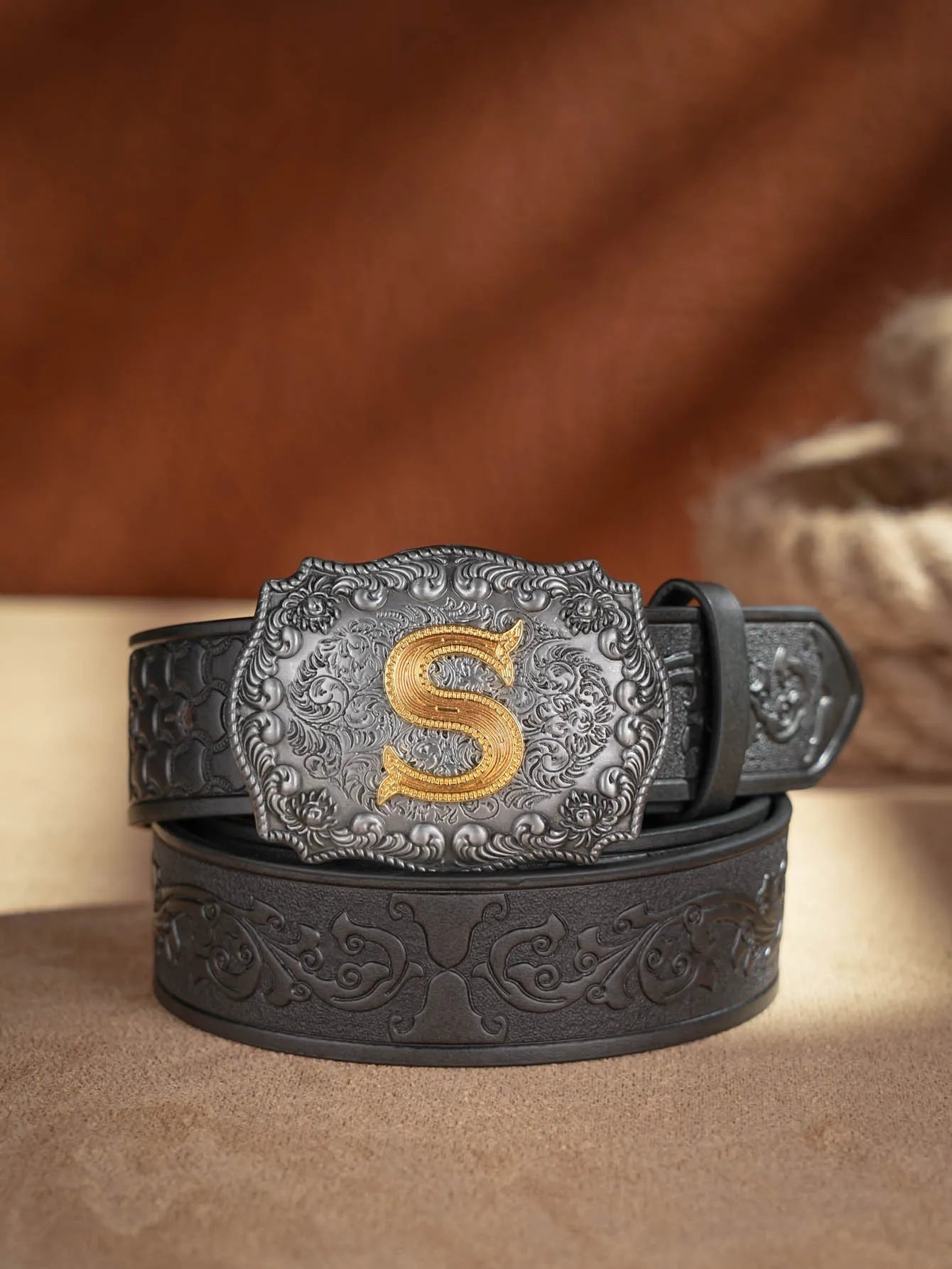 Western Cowboy PU Leather Belt  Waist Strap Bull Decoration Floral Engraved for Jeans