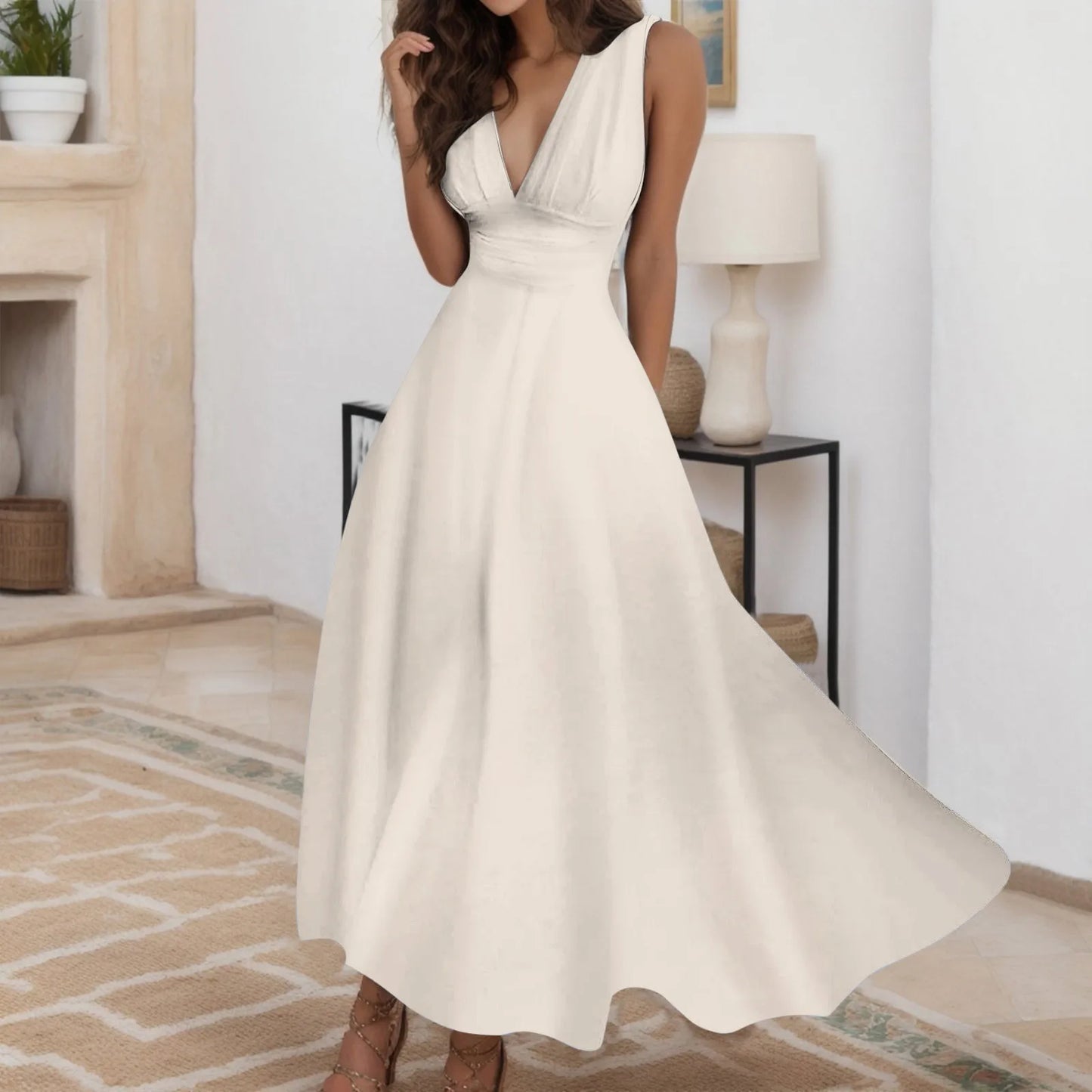 Women's Elegant A Line Sleeveless Midi Dress Casual Female V-neck Tunic Waist Swing Dress Wrap Long Dresses