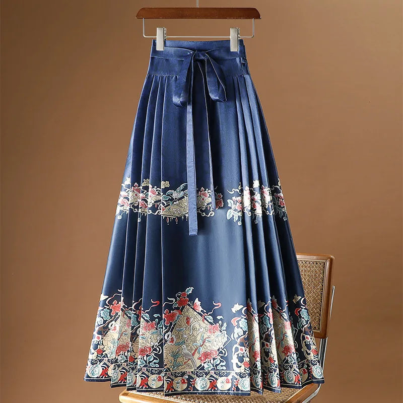Vintage Maxi Chinese Style Horse Face Skirts  Pleated