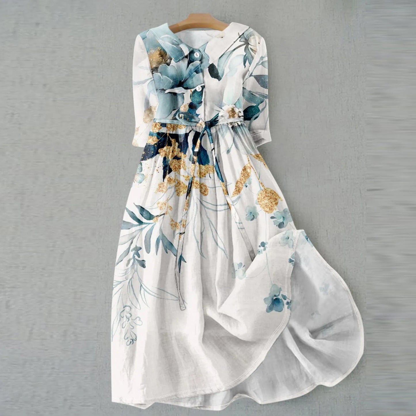 Floral Elegant  Lapel Button Evening Party Dresses Three Quarter Sleeves Formal Wear Mid-Calf  Summer Dress