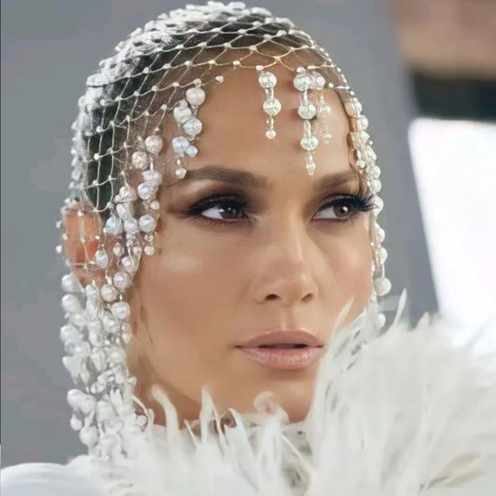 Pearl Tassel Hair Accessories  Handmade Hollowed Mesh  Head Cap
