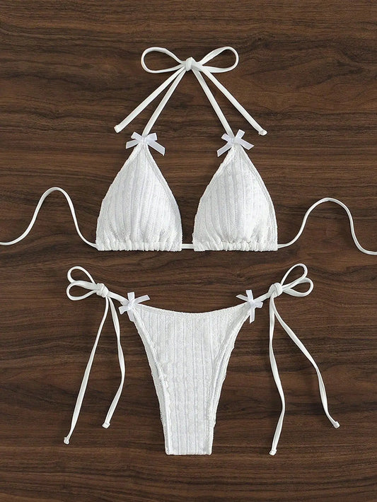 Solid Color White 2 Piece Swimsuit  Bow Triangle Halter Backless Bikini Set Lace-up Thong Bathing Suit Swimwear