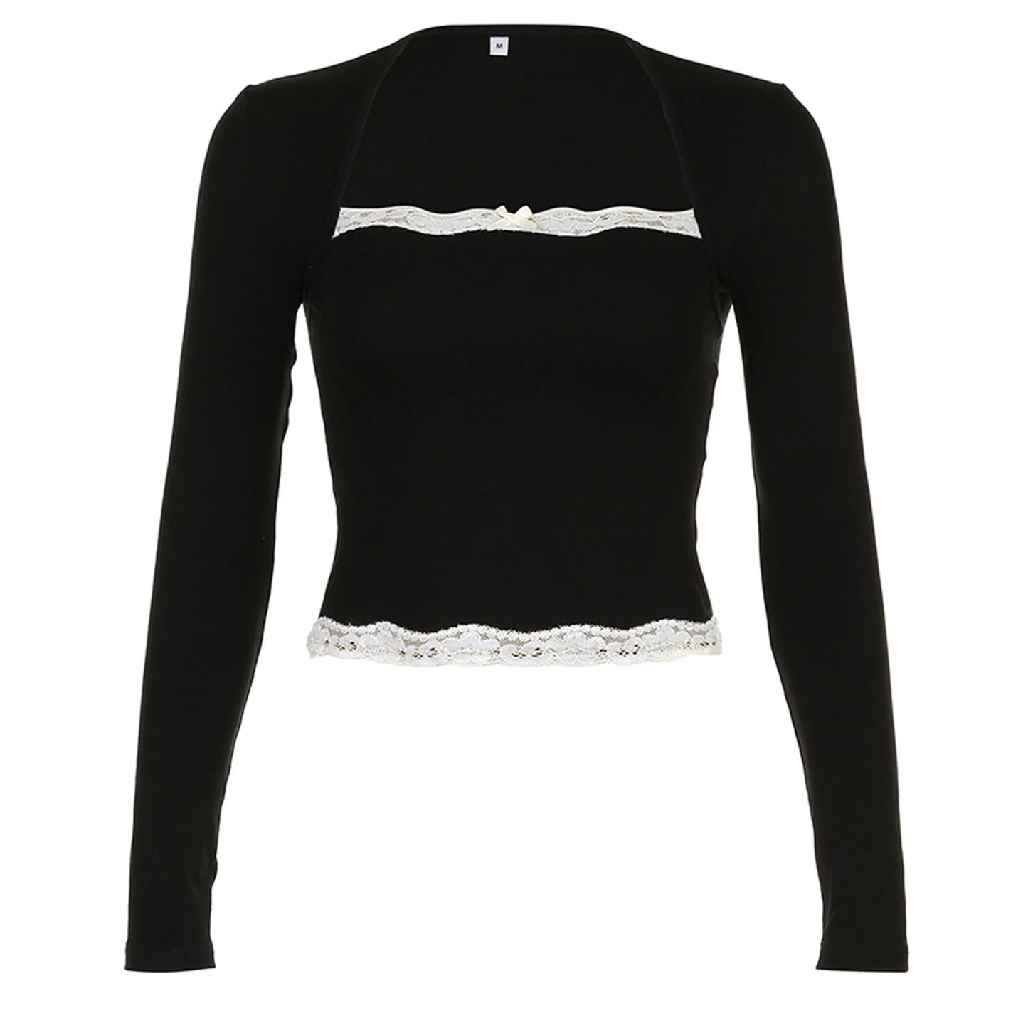 Women's Fashion Square Neck Tops Long Sleeve Elegant Lace Trim Slim Fit T-shirt