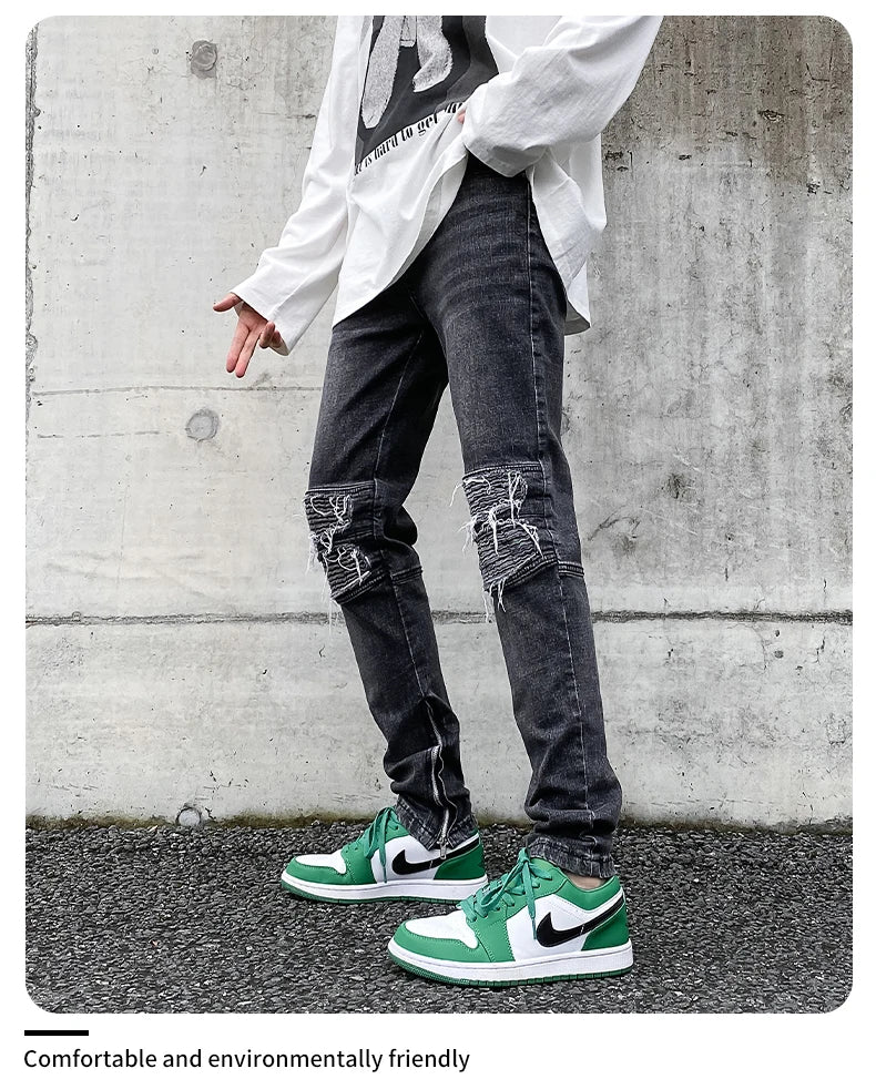 American Vibe style high street tide side zipper straight jeans men's and women's European and American hip hop slim-fitting trousers